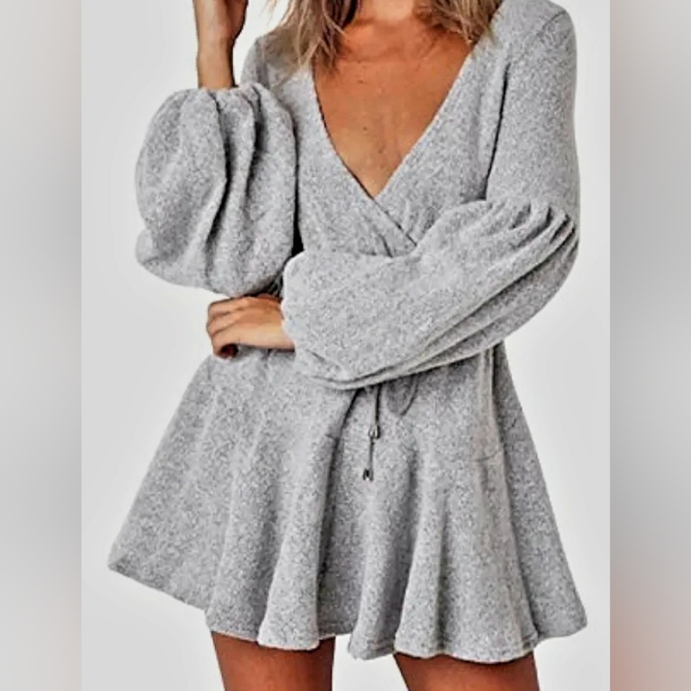 Stylish Maison Mascallier Grey Balloon Sleeves Sweater Mini Dress
